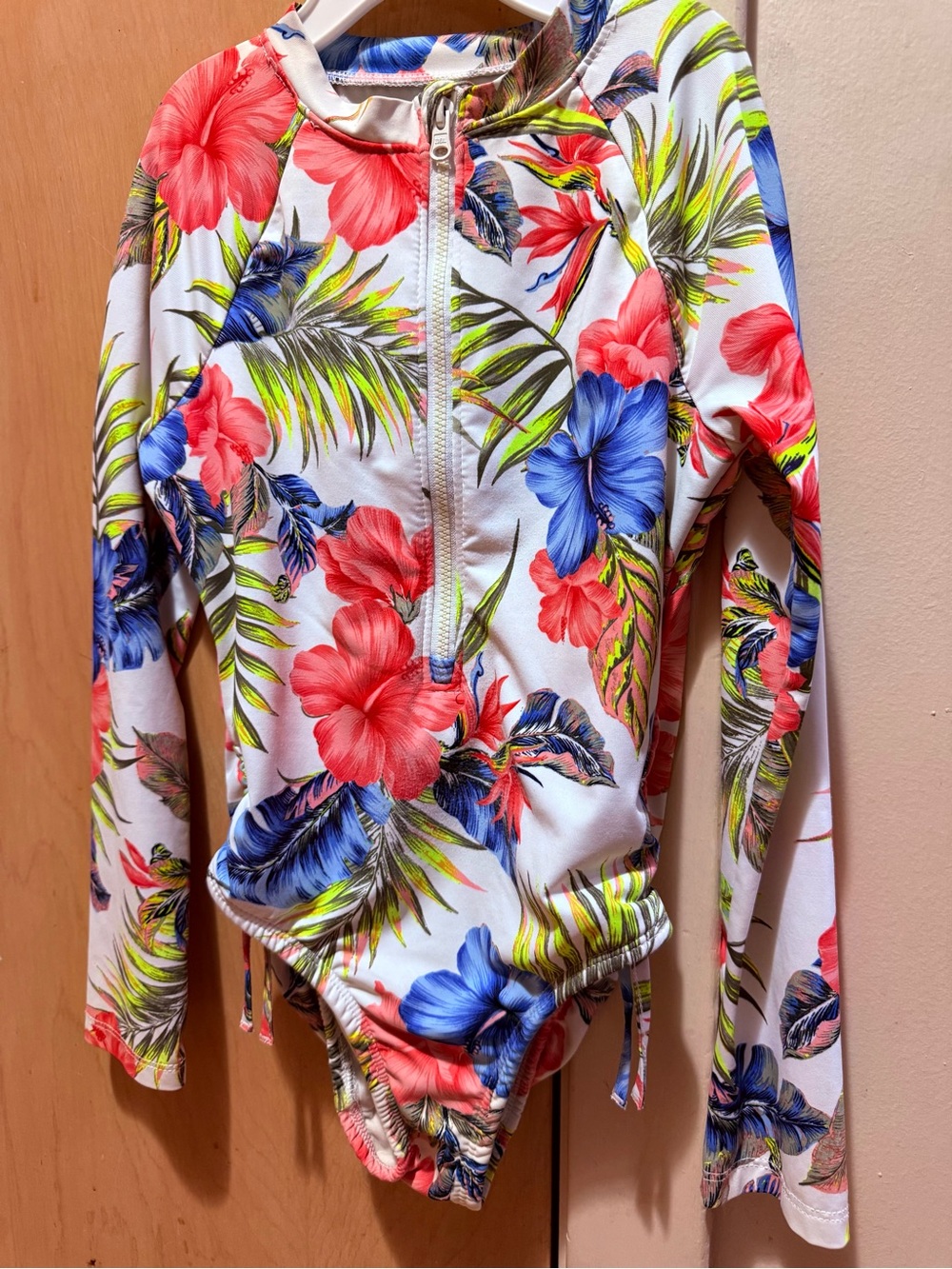 Jordan Girls' White Floral Long-Sleeve Rashguard with Coral & Blue Hibiscus